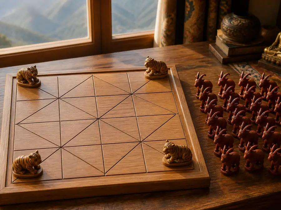 Bagh Chal opening: four tigers on the corners and an empty 5×5 point grid