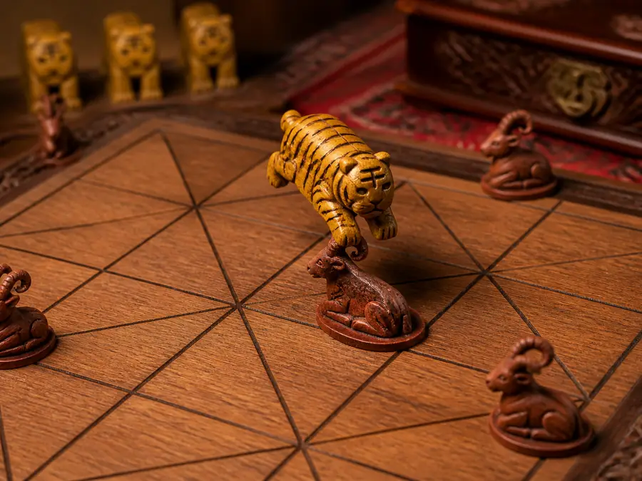 A tiger jumping over a goat onto the empty point beyond